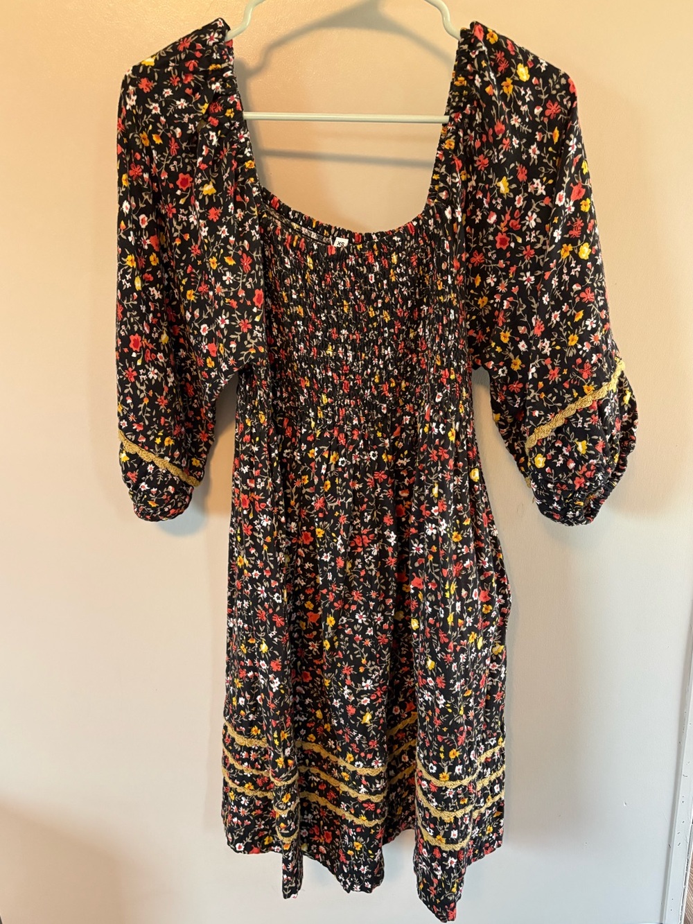 Black Floral Smocked Midi Dress with Puff Sleeves